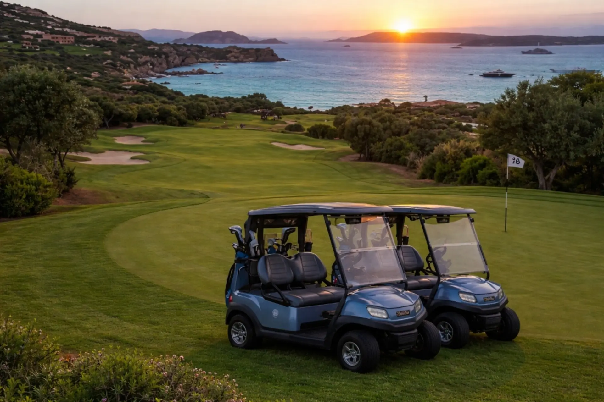 Premium electric golf cart on a lush green fairway of a world-class golf course